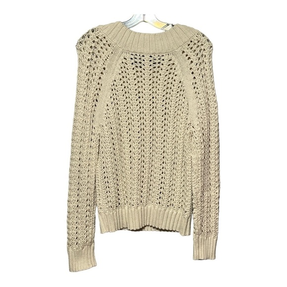 J Crew Crochet Open Knit Sweater Beige Round Neck Ribbed Trim Casual Small - Picture 2 of 8